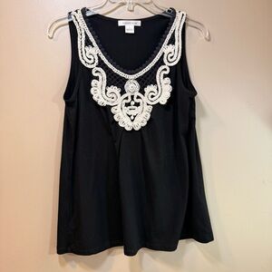 August Silk Sleeveless Top S Black With White Crochet Flowy Romantic Victorian